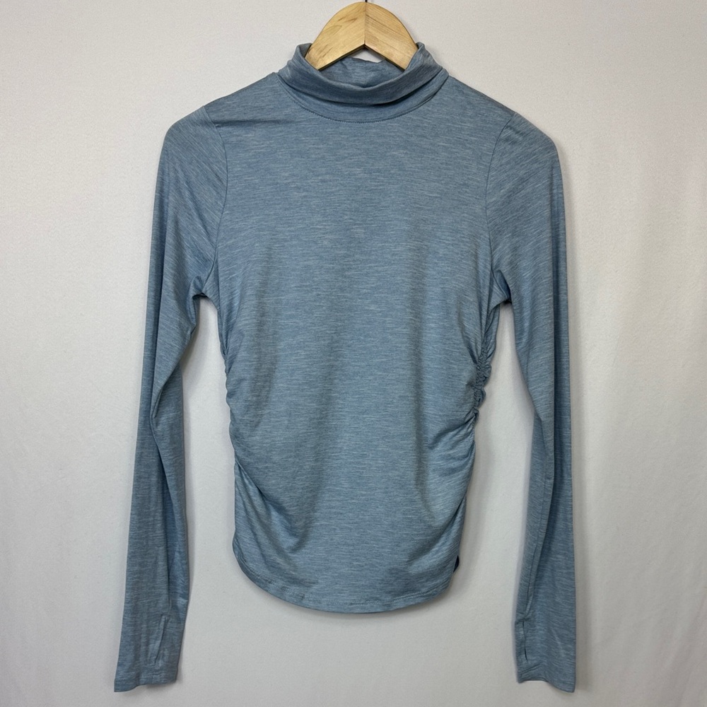 Zella Ruched Long Sleeve Turtleneck Shirt Size Small Blue‎ Workout Athleisure